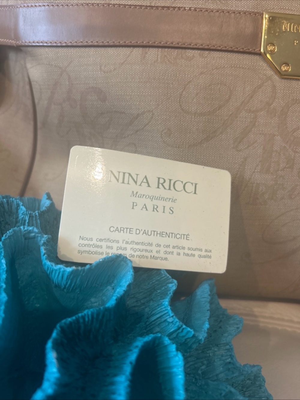 Nina Ricci Beige Canvas Coated Vintage Satchel with Brown Leather Trim/Gold - Picture 3 of 12